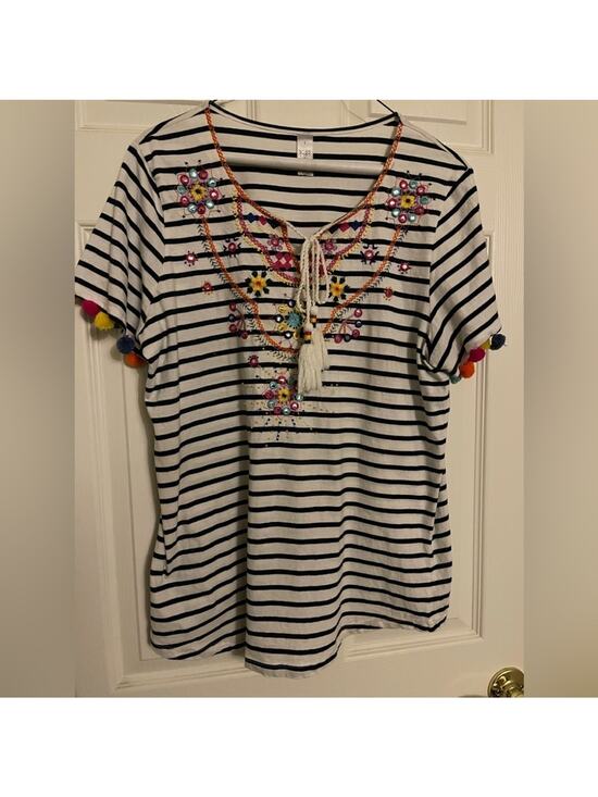 thomas & Olivia Tops - Thomas & Olivia Stripe embroidered striped Pom Pom Top size large